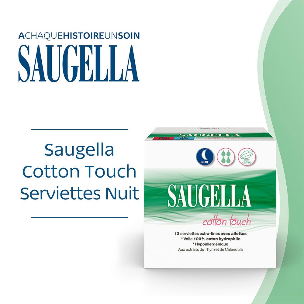 Saugella - Cotton Touch - Serviettes Hygiéniques de Nuit - Extra-Fines et Hypoallergéniques avec Ailettes - Très Absorbantes - Pack de 12