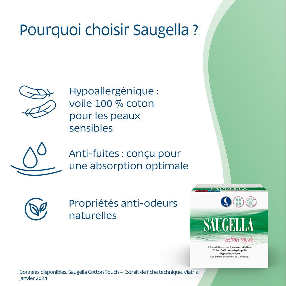 Saugella - Cotton Touch - Serviettes Hygiéniques de Nuit - Extra-Fines et Hypoallergéniques avec Ailettes - Très Absorbantes - Pack de 12