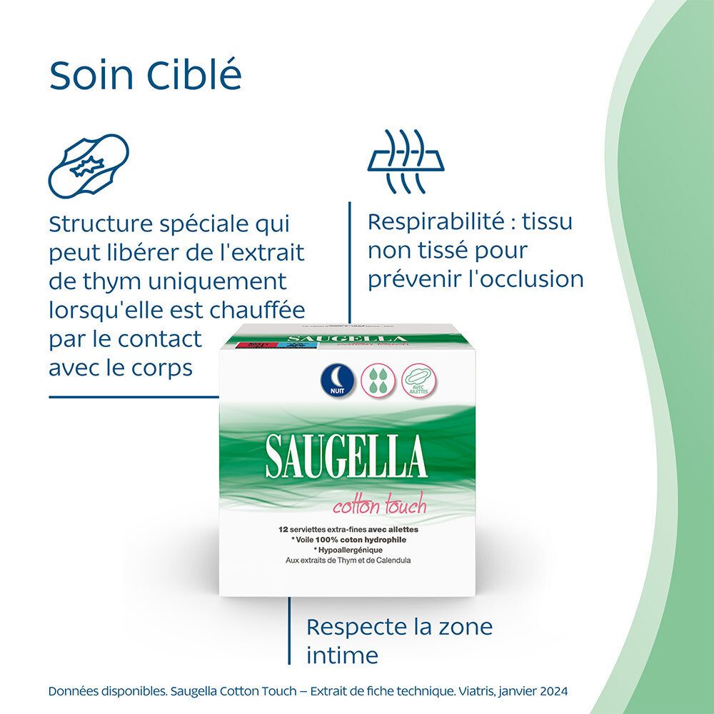 Saugella - Cotton Touch - Serviettes Hygiéniques de Nuit - Extra-Fines et Hypoallergéniques avec Ailettes - Très Absorbantes - Pack de 12