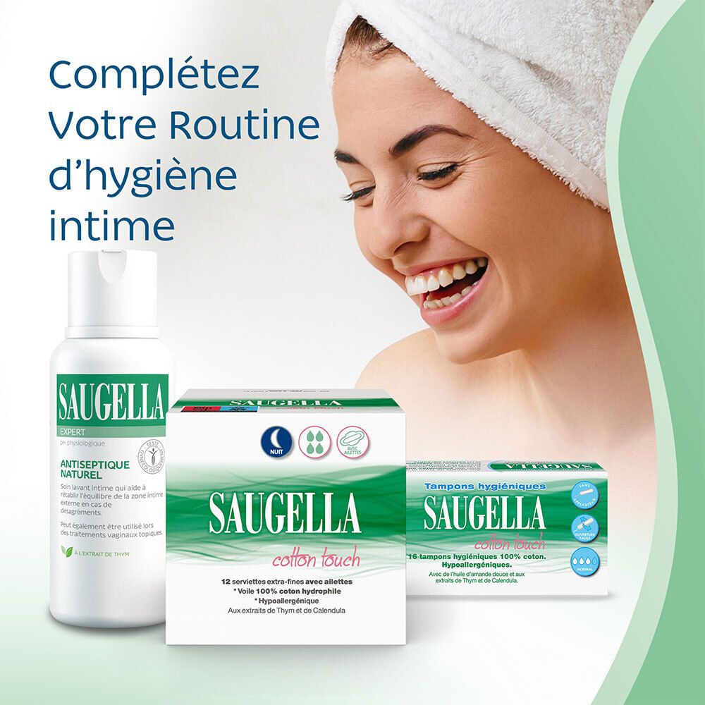 Saugella - Cotton Touch - Serviettes Hygiéniques de Nuit - Extra-Fines et Hypoallergéniques avec Ailettes - Très Absorbantes - Pack de 12