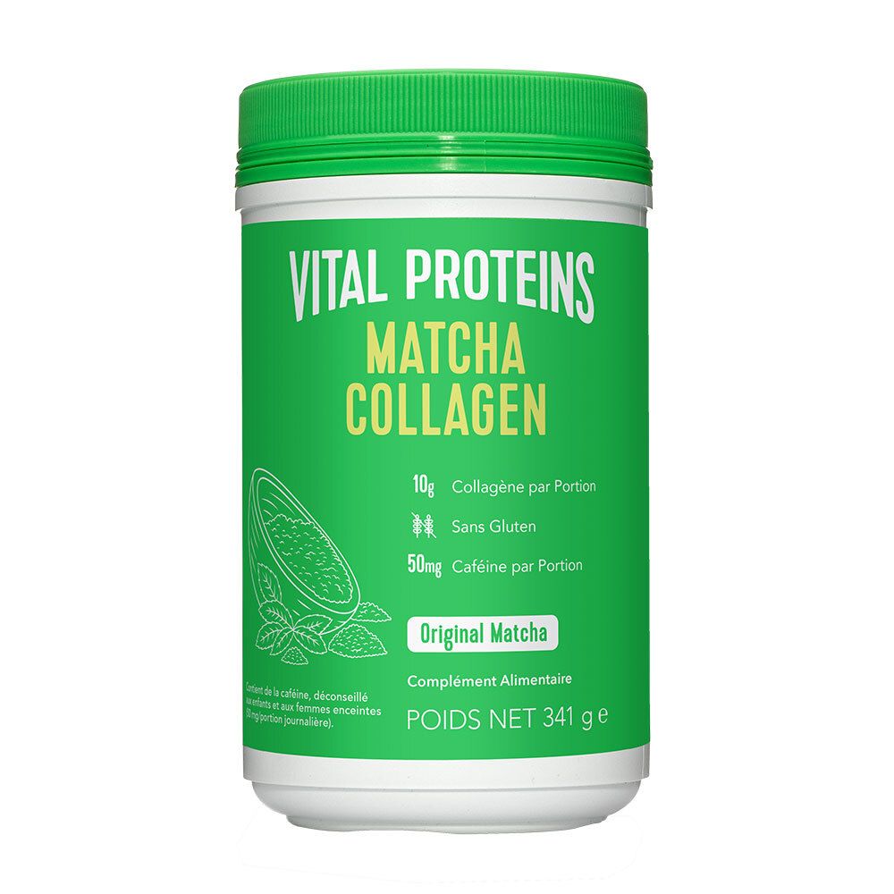 Boîte verte avec couvercle blanc. Inscription: VITAL PROTEINS, Matcha Collagen. Contient 10g collagène, sans gluten, 50mg caféine.