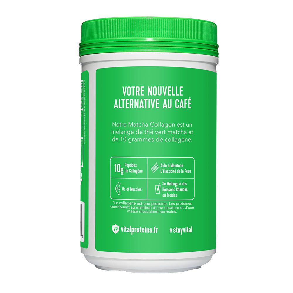 Dos de la boîte. Texte: Votre nouvelle alternative au café. Contient 10g collagène. Aide peau, articulations, muscles. stayvital.fr