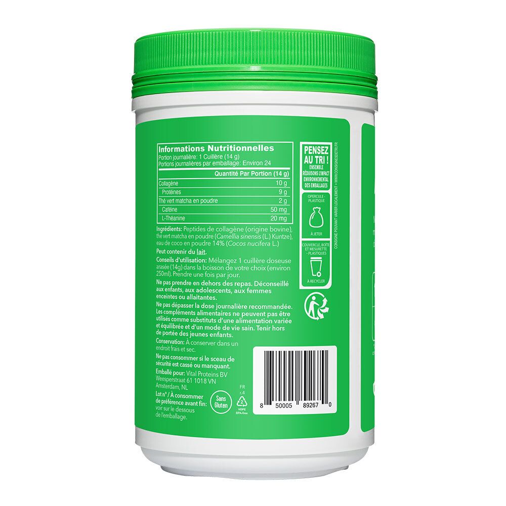 Dos de la boîte. Informations nutritionnelles. Contient collagène, poudre de matcha, L-théanine. Dosage recommandé. Fabriqué aux Pays-Bas.