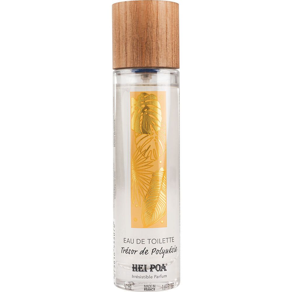 Flacon cylindrique avec bouchon en bois. Étiquette avec feuilles dorées. Texte: EAU DE TOILETTE, Trésor de Polynésie, HEI POA.