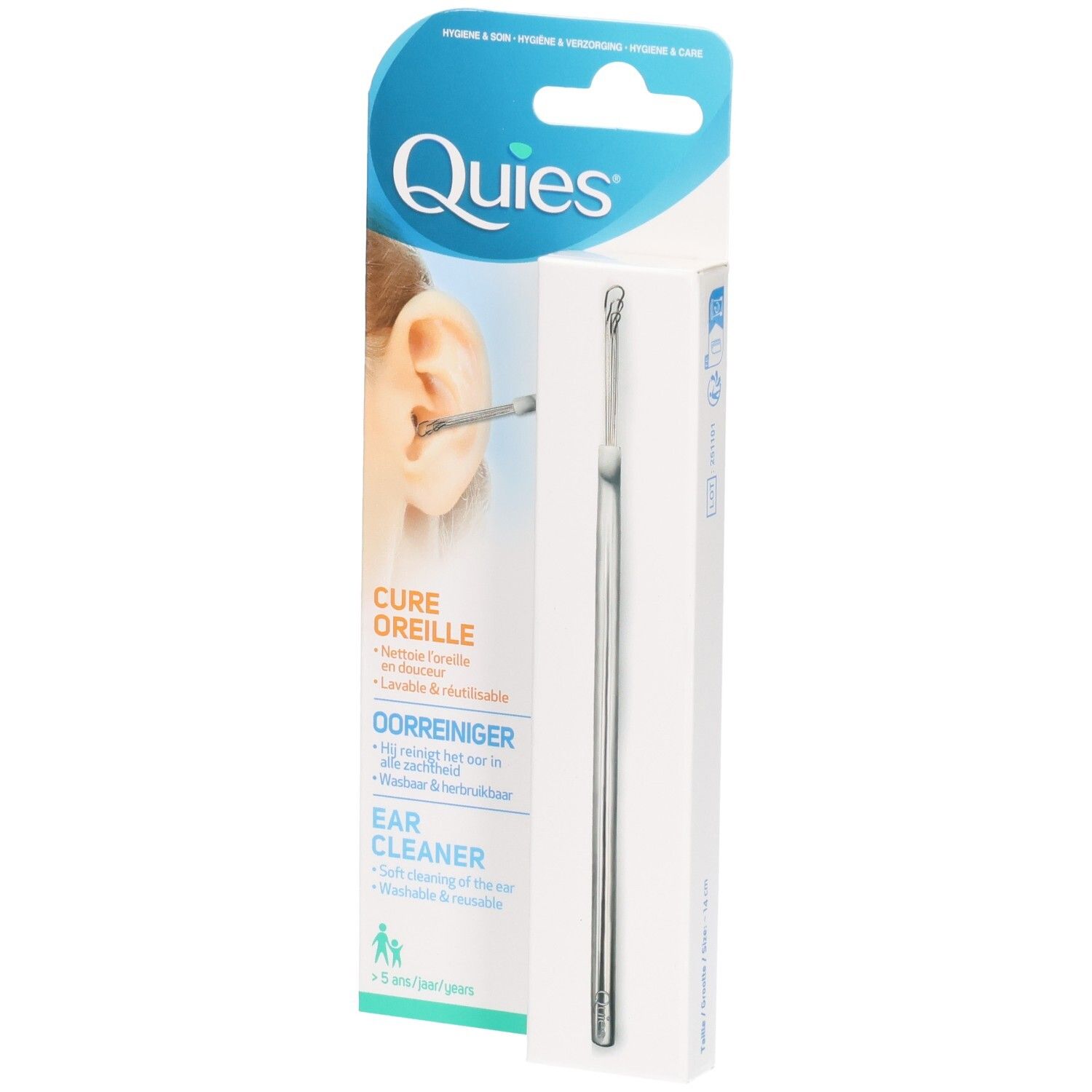 Nettoyeur d'oreilles Quies en boîte, avec outil métallique.