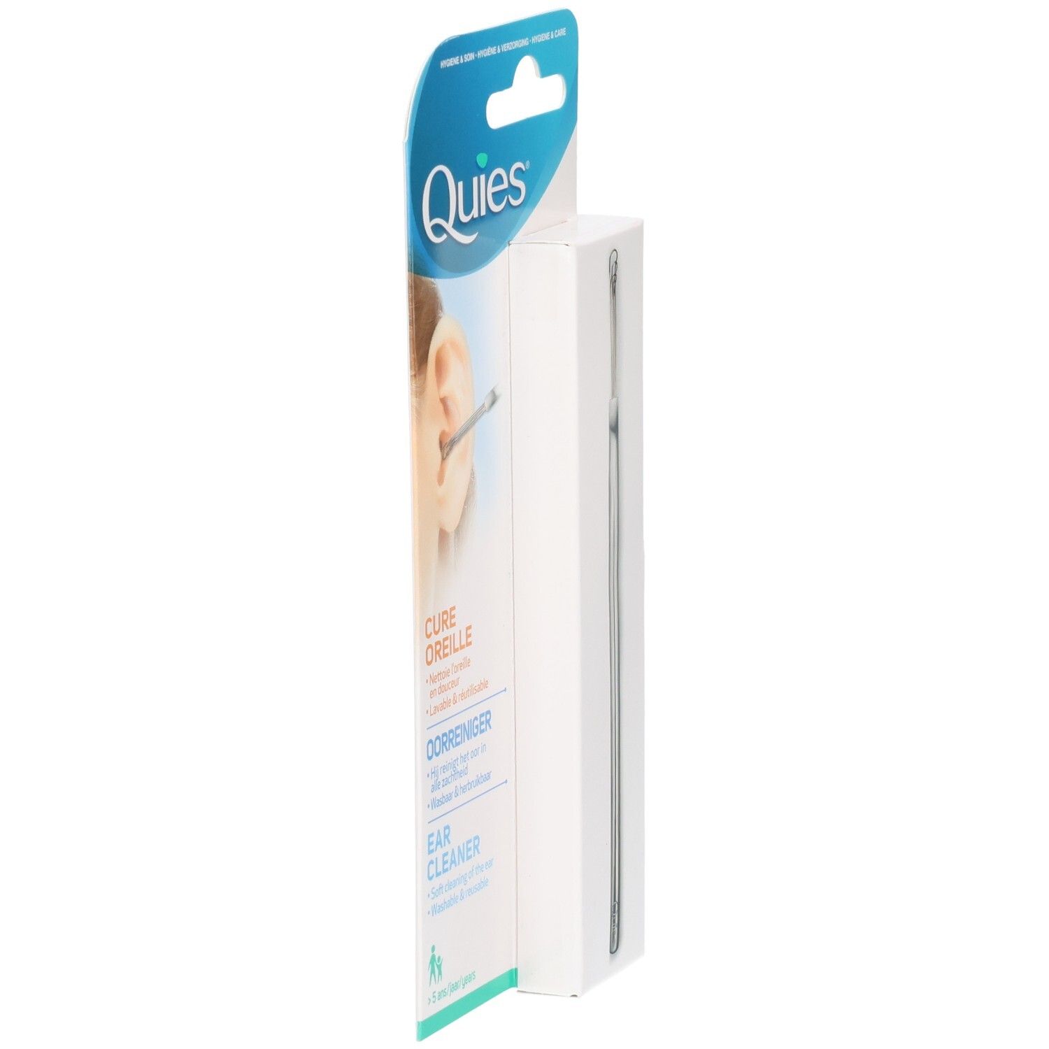 Nettoyeur d'oreilles Quies en boîte, vue latérale avec outil métallique.