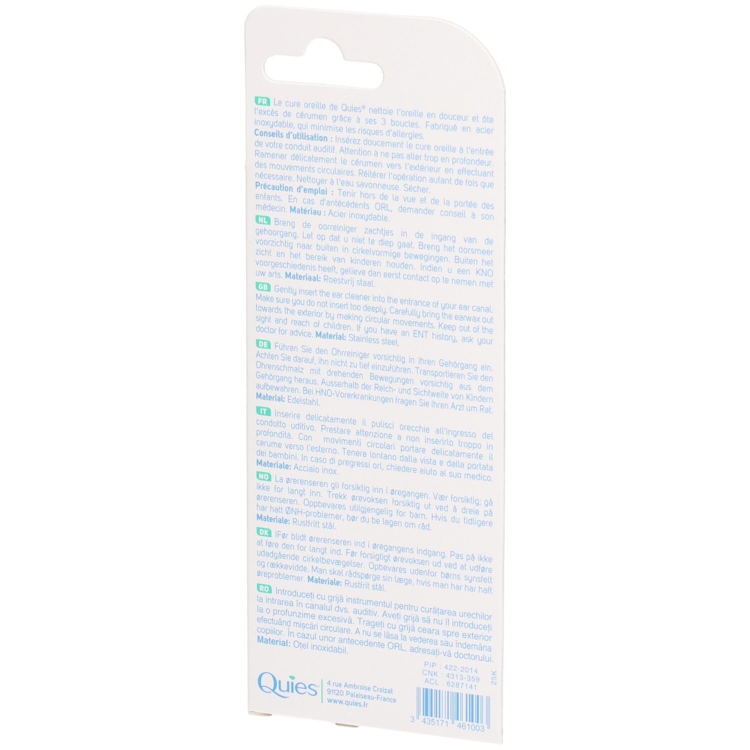 Arrière de l'emballage du nettoyeur d'oreilles Quies avec instructions.