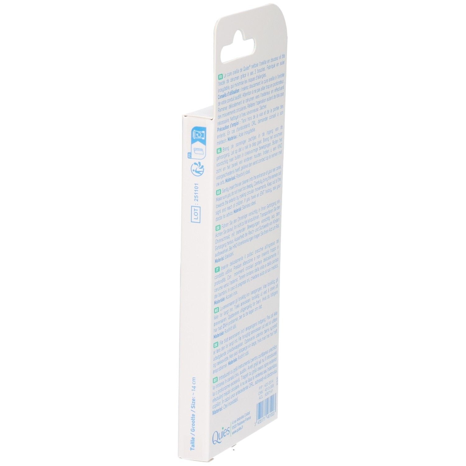 Vue latérale de l'emballage du nettoyeur d'oreilles Quies avec texte.