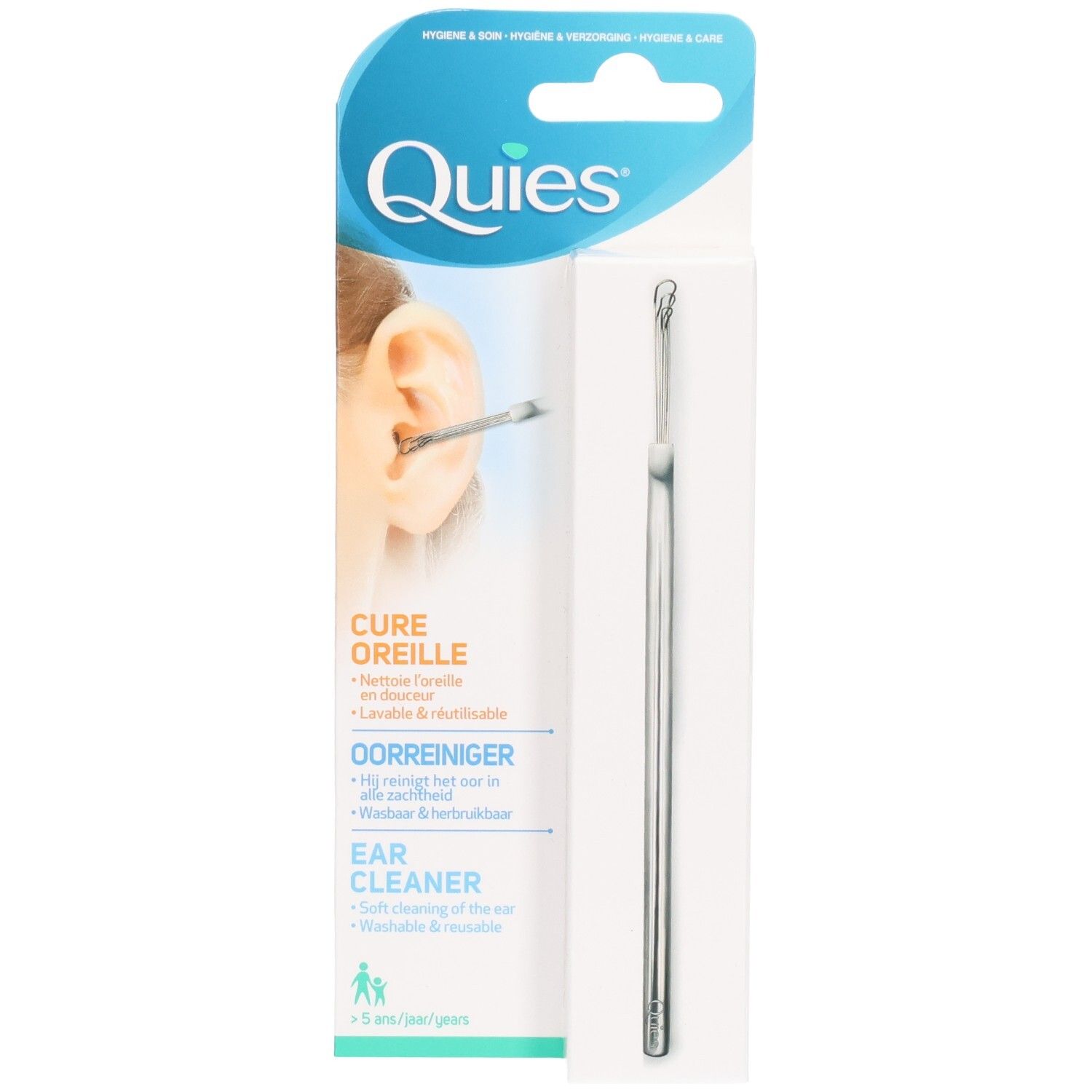 Nettoyeur d'oreilles Quies en boîte, avec outil métallique et illustration d'oreille.