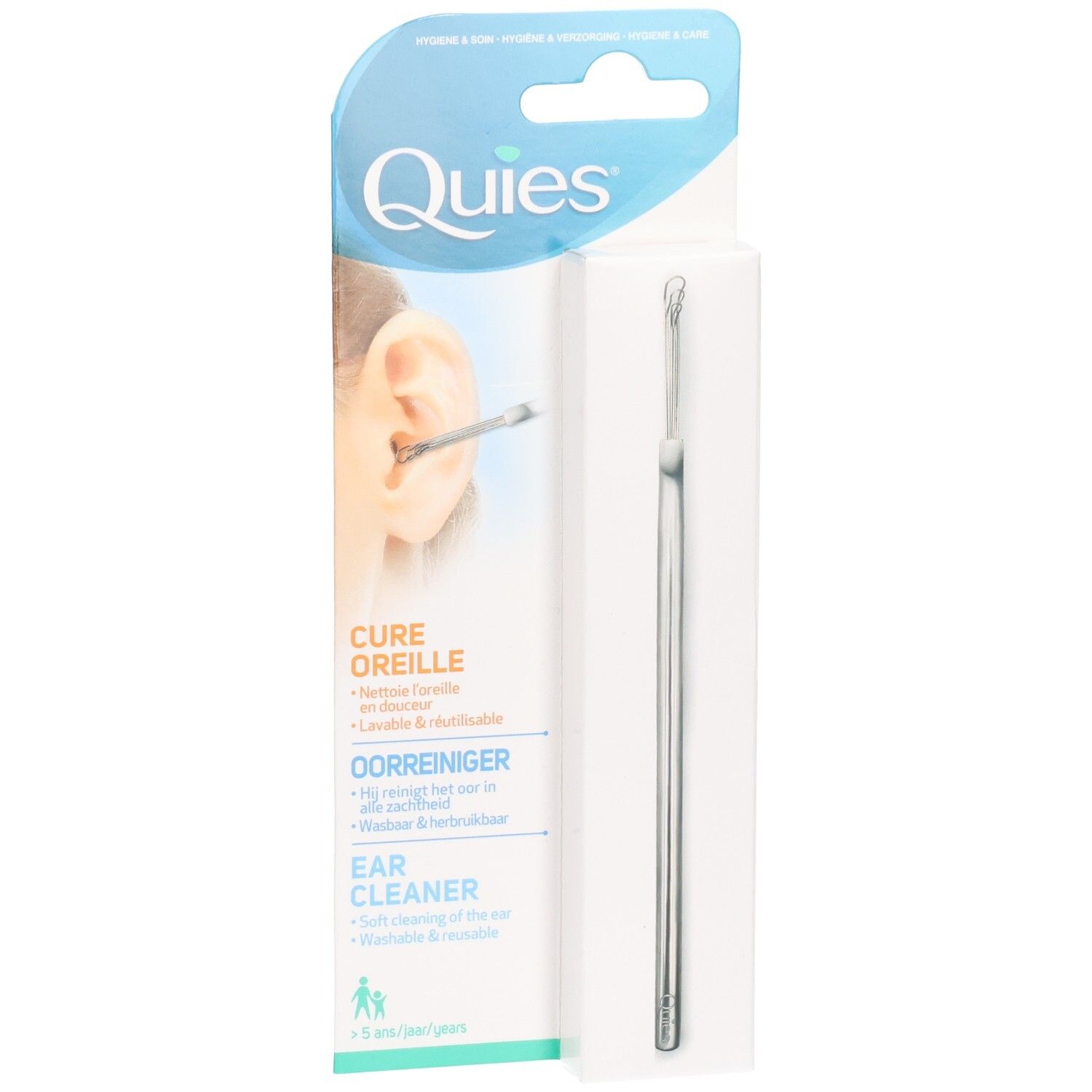 Nettoyeur d'oreilles Quies en boîte, avec outil métallique et illustration d'oreille.