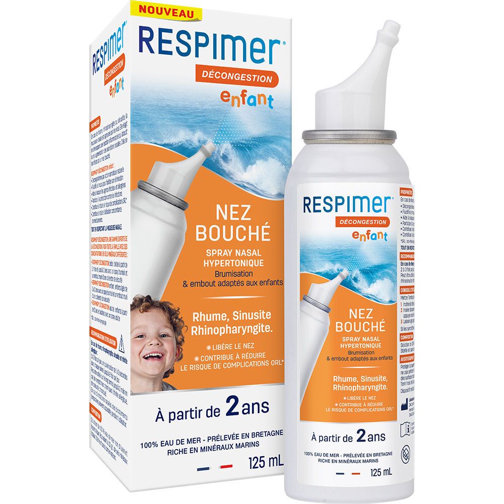 Flacon de spray nasal et emballage. Spray blanc avec accents orange. Inscription : Respimer Décongestion enfant. Pour enfants dès 2 ans.