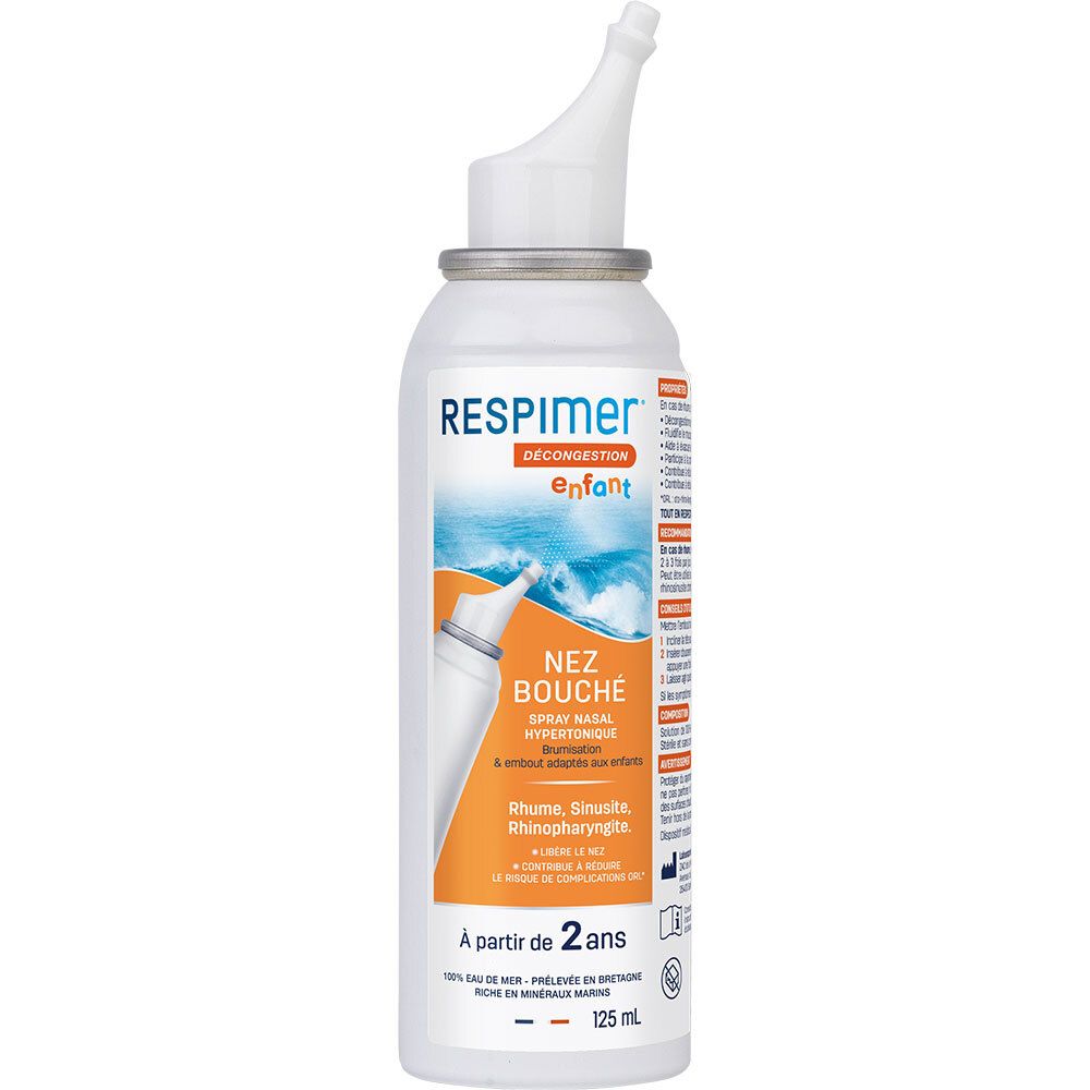 Flacon de spray nasal. Blanc avec des accents orange. Inscription : Respimer Décongestion enfant. Pour enfants dès 2 ans.