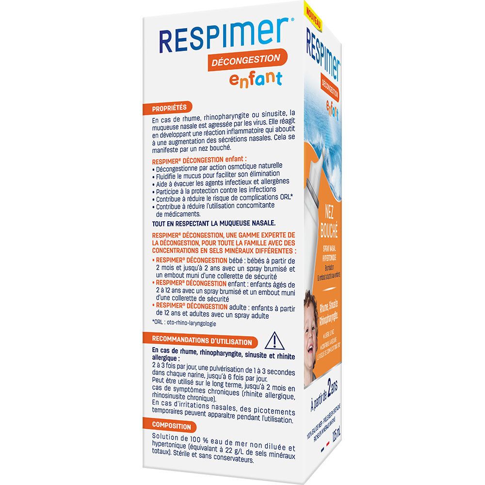 Emballage de spray nasal. Blanc avec des accents orange. Texte sur les propriétés et l'utilisation. Inscription : Respimer Décongestion enfant.