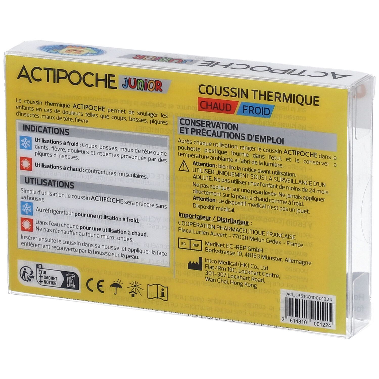 Dos de l'emballage ACTIPOCHE Junior. Textes: Coussin Thermique, chaud/froid, indications, mode d'emploi, informations fabricant.