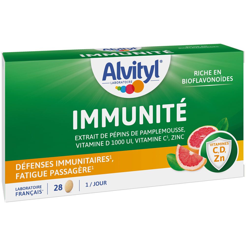 Boîte verte ALVITYL® Immunité. Contient vitamine D, C, zinc et extrait de pépins de pamplemousse. 28 comprimés, 1 par jour. Riche en bioflavonoïdes.