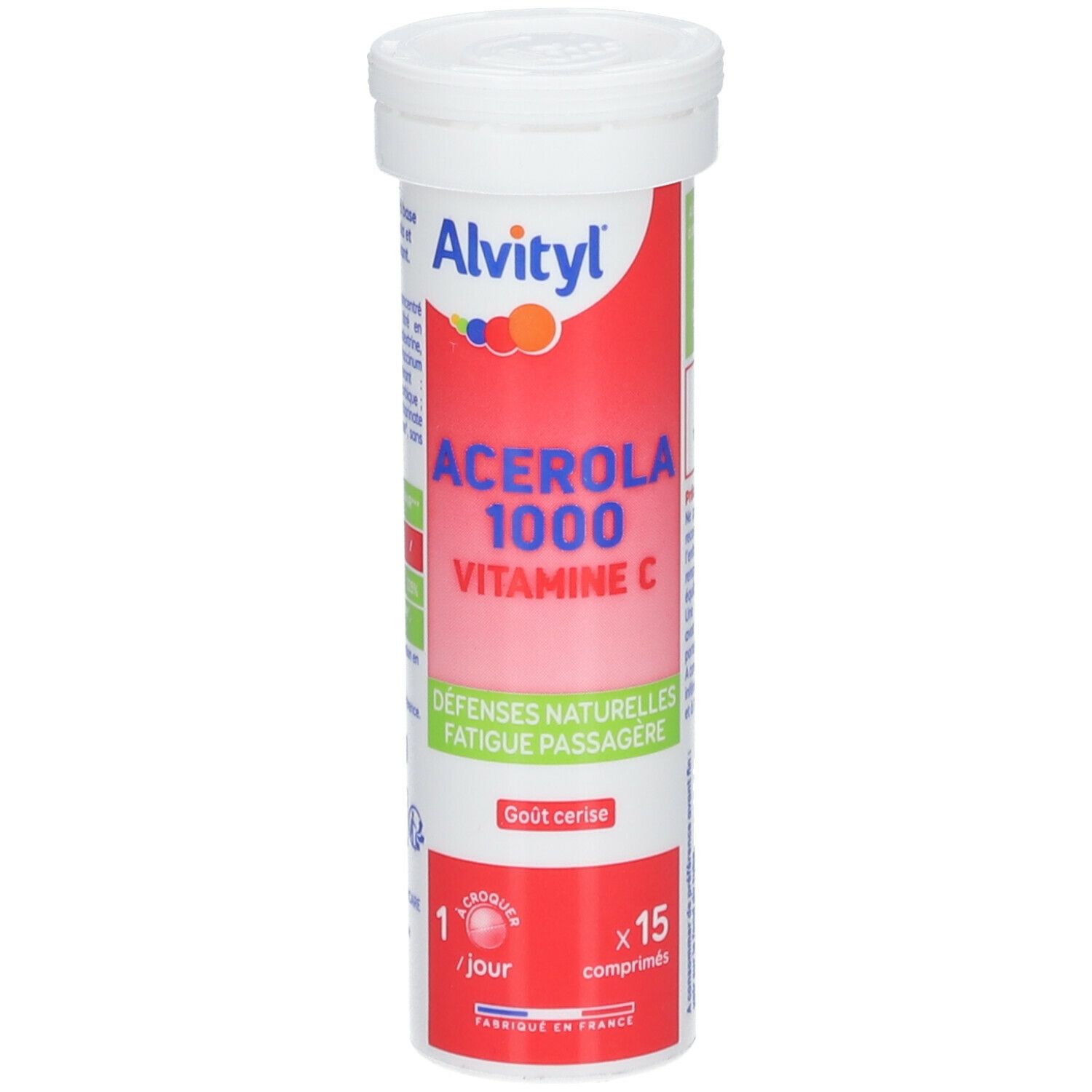 Tube ALVITYL® Acérola 1000 Vitamine C. Emballage rouge et blanc. Inscription : Acerola 1000 Vitamine C. 15 comprimés.
