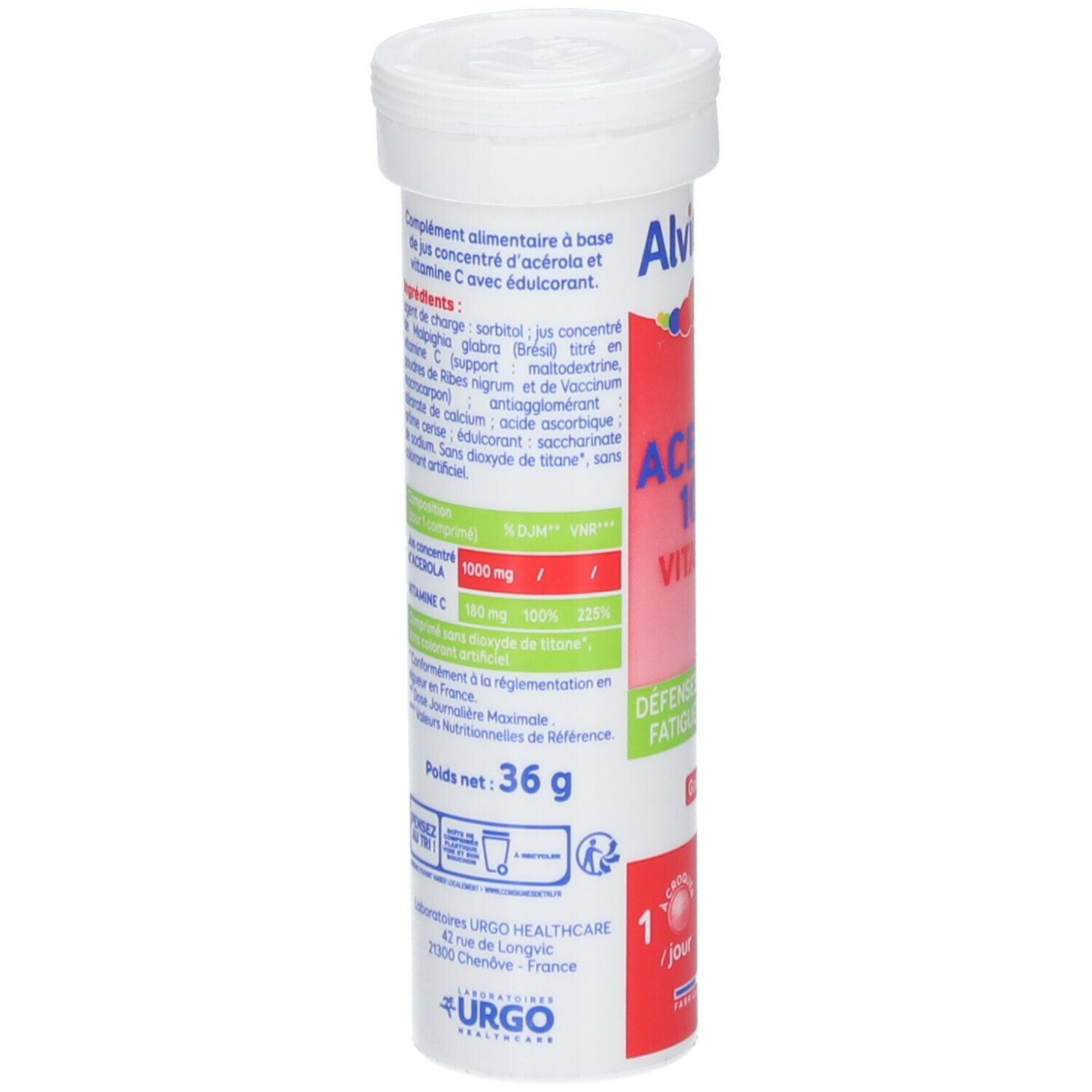 ALVITYL® Acérola 1000 Vitamine C. Vue détaillée des ingrédients et des informations nutritionnelles sur l'emballage.