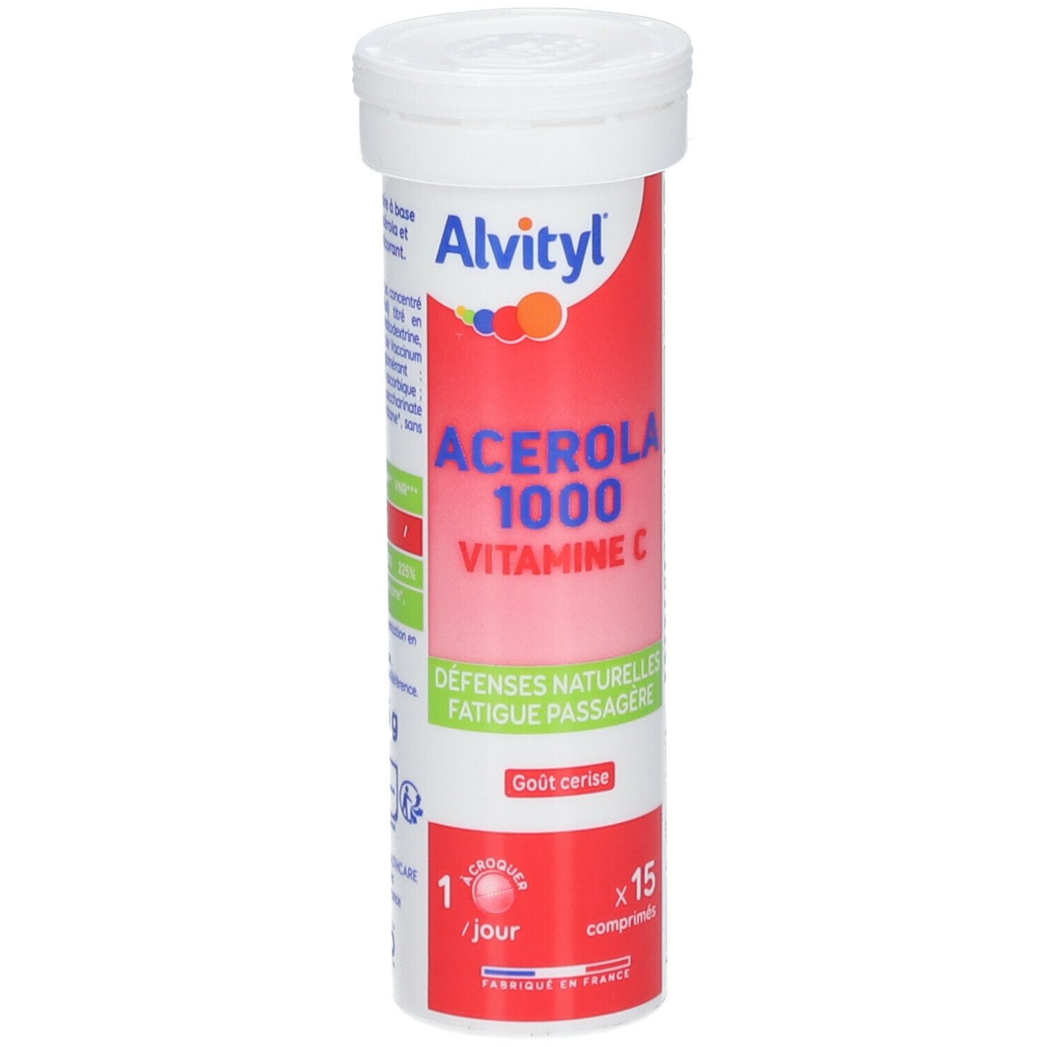 Tube ALVITYL® Acérola 1000 Vitamine C. Emballage cylindrique, rouge et blanc. Texte : Acerola 1000 Vitamine C.