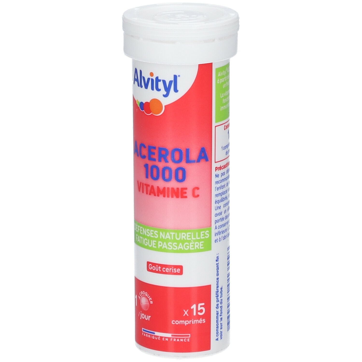Tube ALVITYL® Acérola 1000 Vitamine C. Emballage cylindrique, rouge et blanc. Texte : Acerola 1000 Vitamine C.