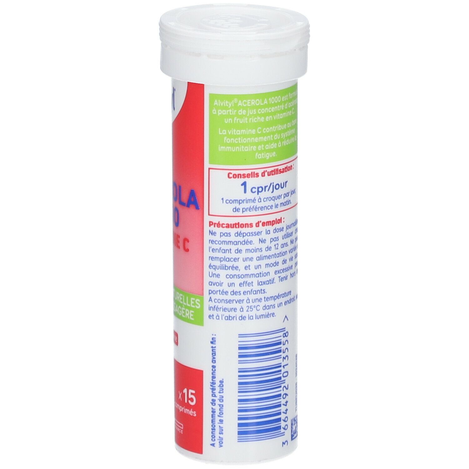 ALVITYL® Acérola 1000 Vitamine C. Vue détaillée du dos de l'emballage avec les conseils d'utilisation.