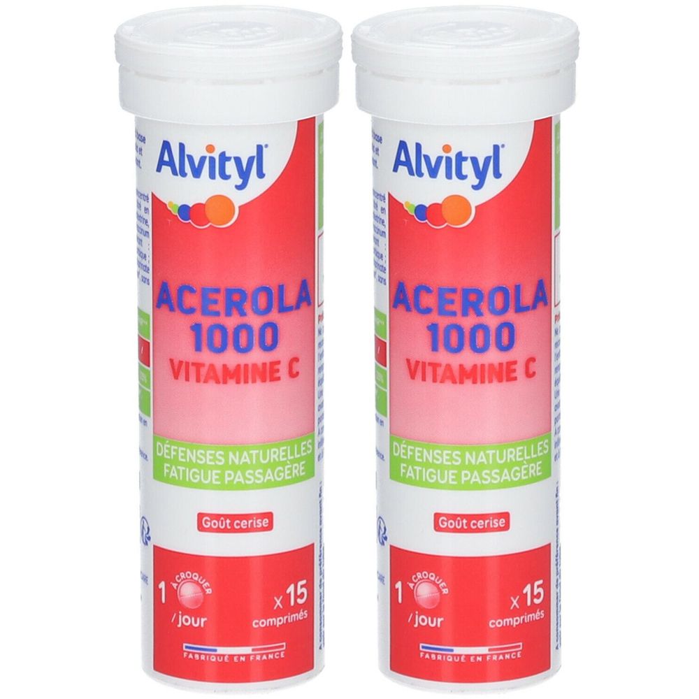 Deux tubes ALVITYL® Acérola 1000 Vitamine C. Emballage rouge et blanc. Inscription : Acerola 1000 Vitamine C.