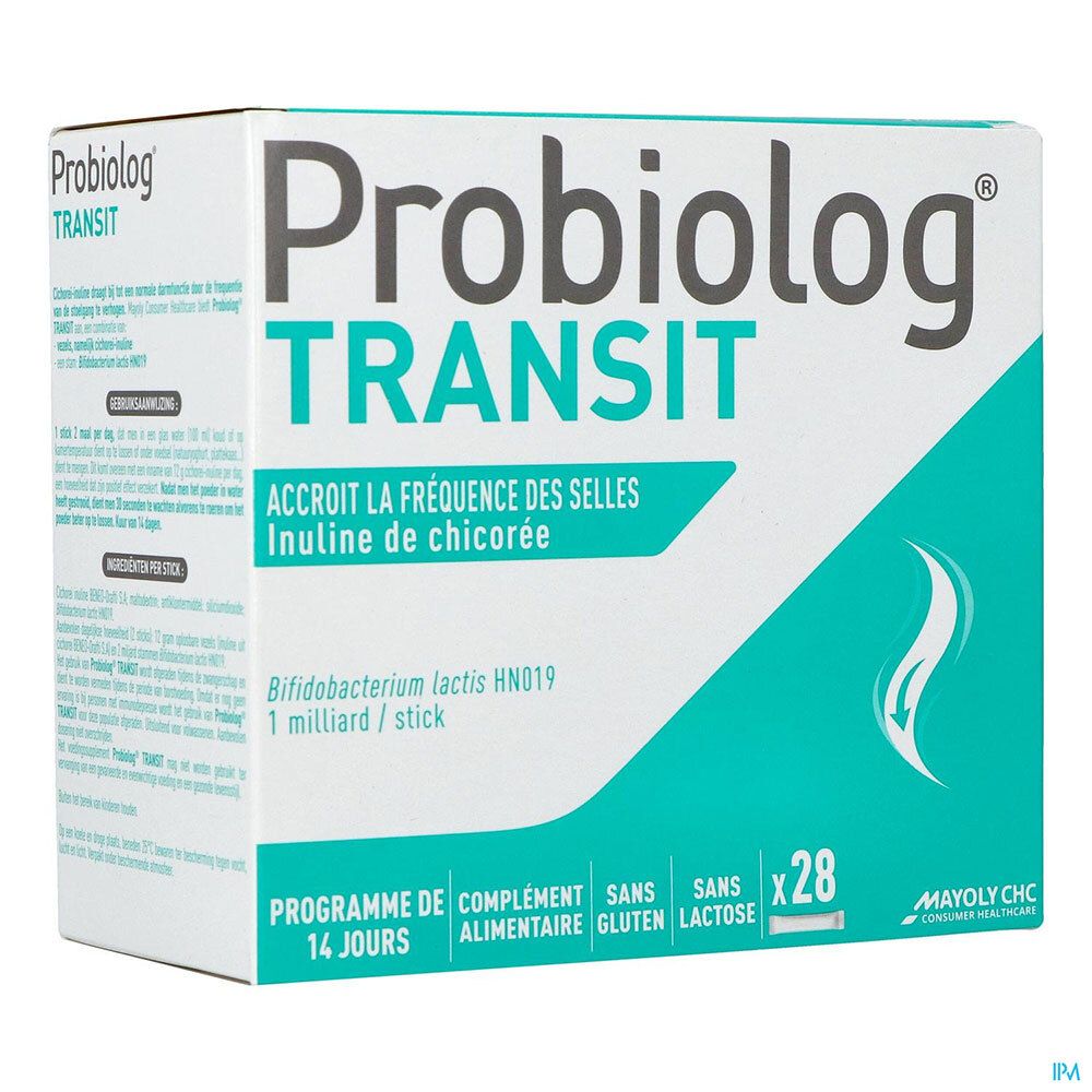 Boîte blanche avec nom du produit et accents turquoise. Contient 28 sticks. Texte : 'Accroît la fréquence des selles'.