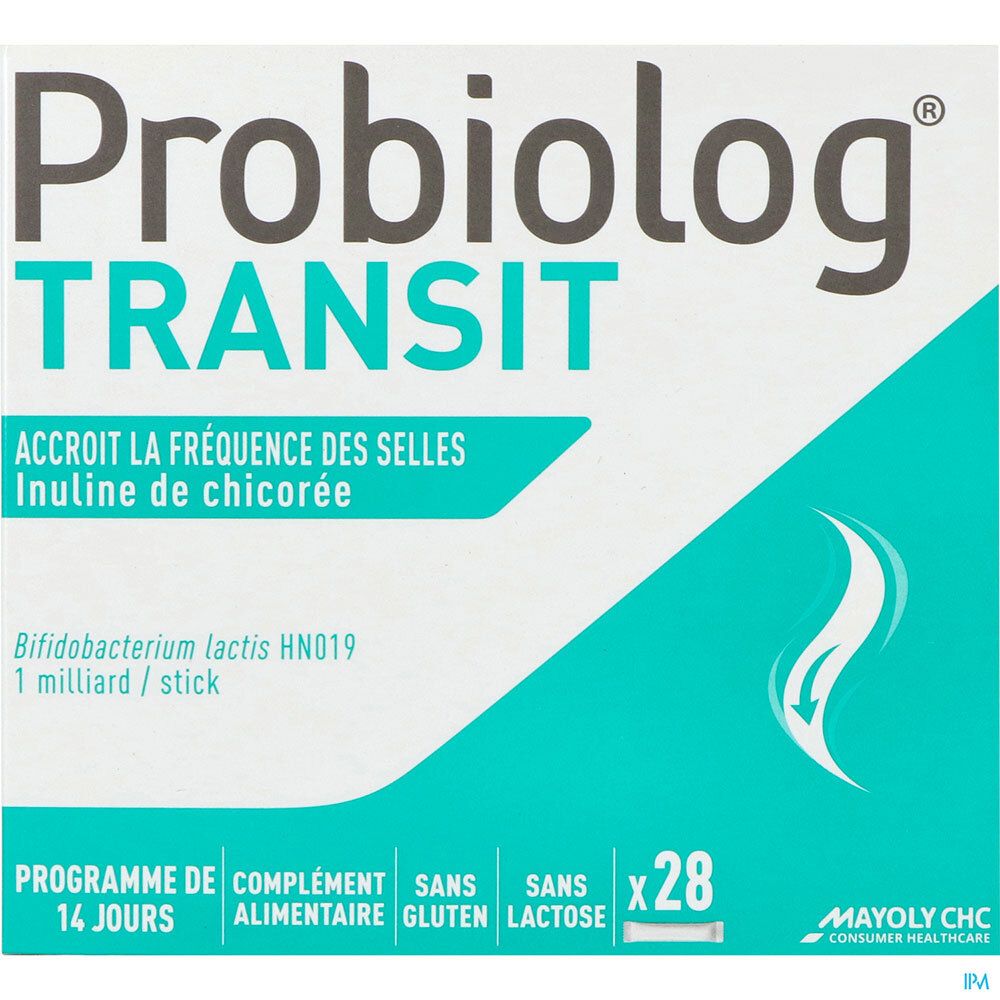 Emballage du produit avec un design turquoise. Contient 28 sticks. Texte : 'Accroît la fréquence des selles'.