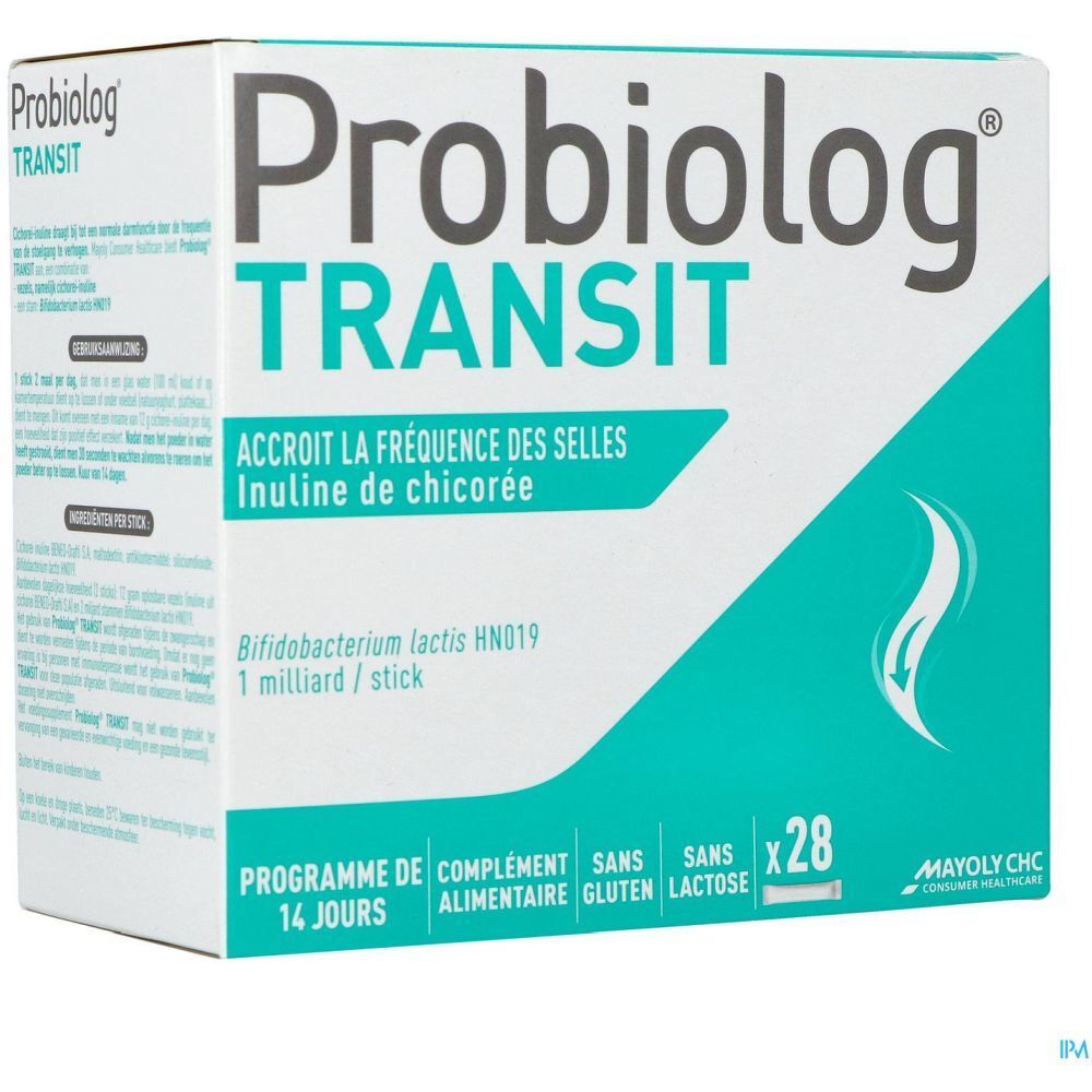 Emballage du produit avec un design turquoise. Contient 28 sticks. Texte : 'Accroît la fréquence des selles'.