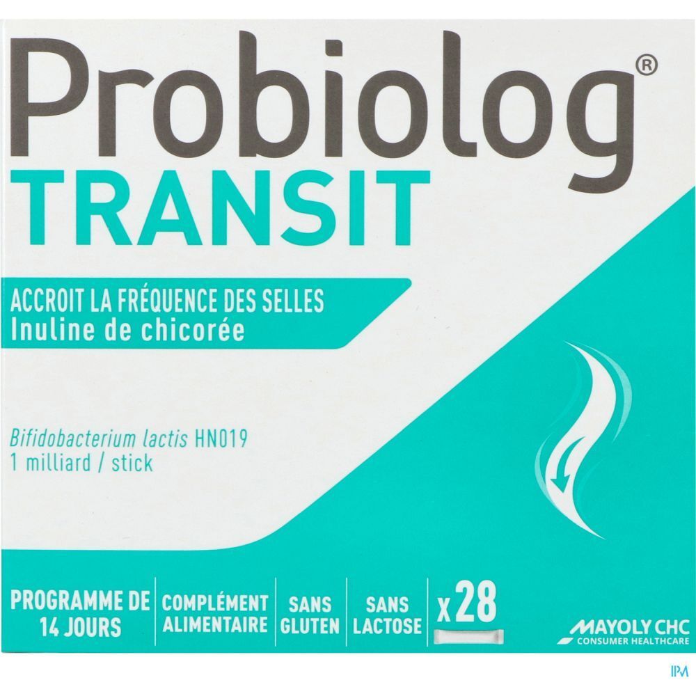 Emballage du produit avec un design turquoise. Contient 28 sticks. Texte : 'Accroît la fréquence des selles'.