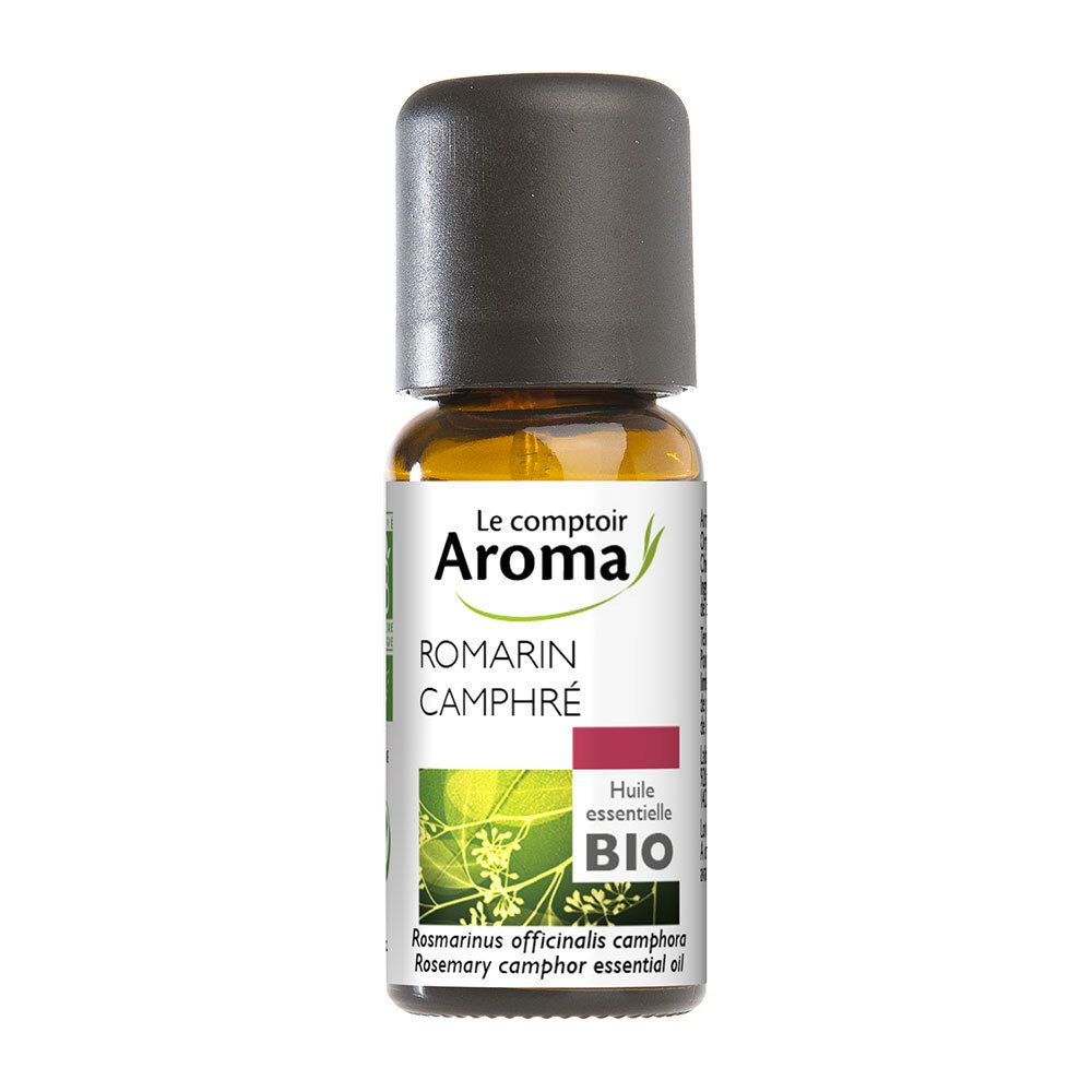 Flacon en verre brun avec bouchon noir. Étiquette avec nom du produit et certification Bio. Le Comptoir Aroma.