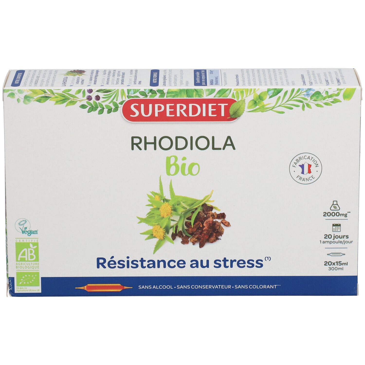 Boîte blanche SUPERDIET Rhodiola BIO. Texte: Résistance au stress. Illustration de plantes. Labels Vegan, AB. 2000mg, 20 jours, 20x15ml.