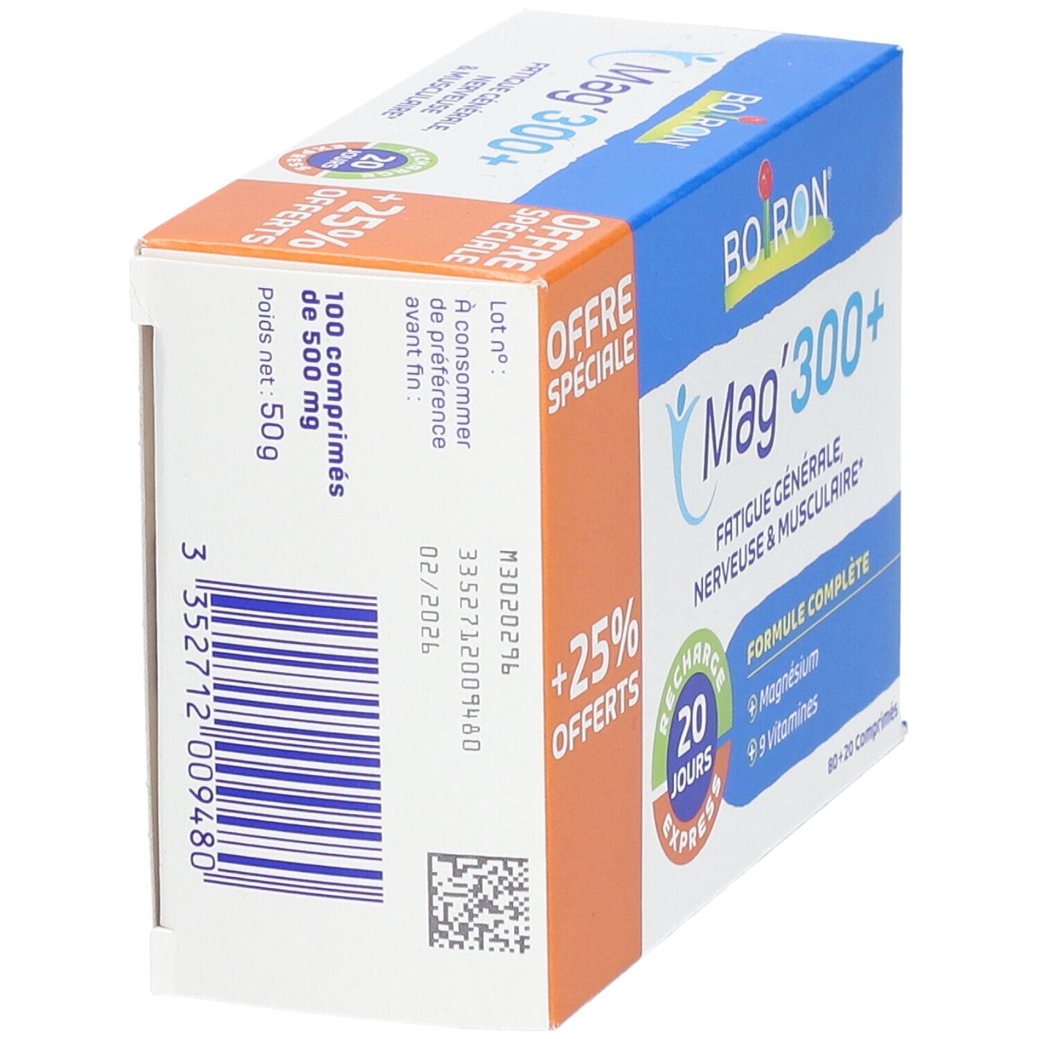 Boîte BOIRON Mag'300+. Emballage orange et bleu. Contient 100 comprimés. Inscription : +25% Offerts.