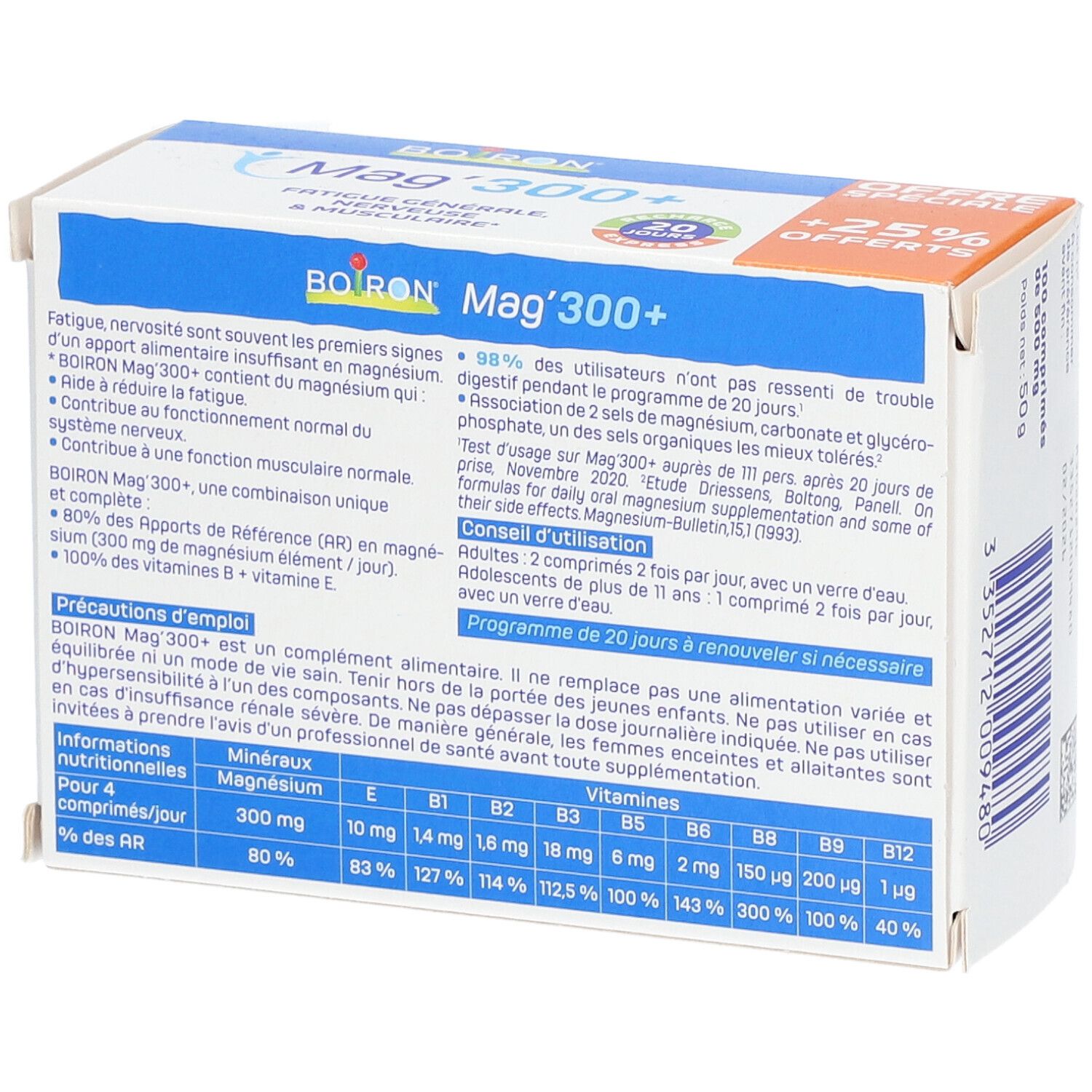 Dos de la boîte BOIRON Mag'300+. Contient des informations sur les ingrédients et le dosage. Texte bleu et blanc.