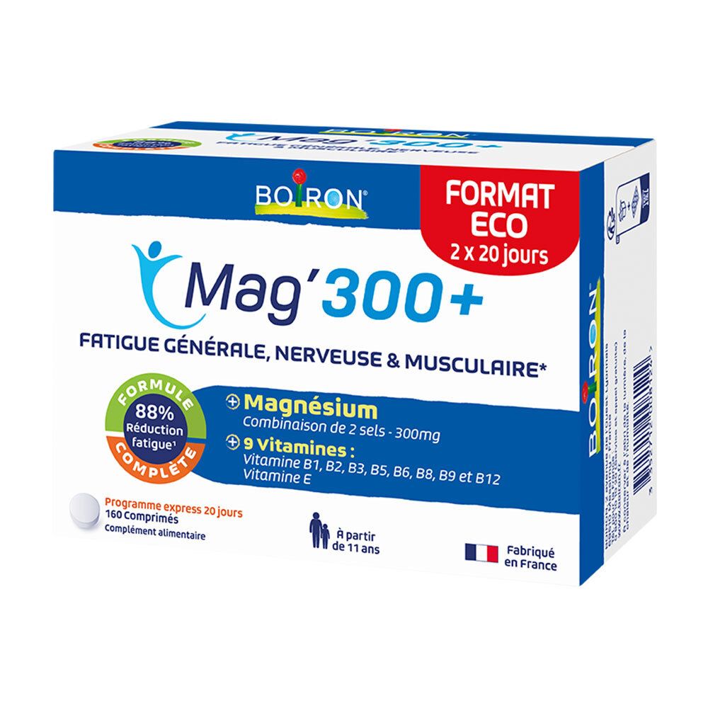 Boîte blanche et bleue BOIRON Mag'300+. Contient 160 comprimés. "Format Eco" et "2 x 20 jours" sur l'emballage.
