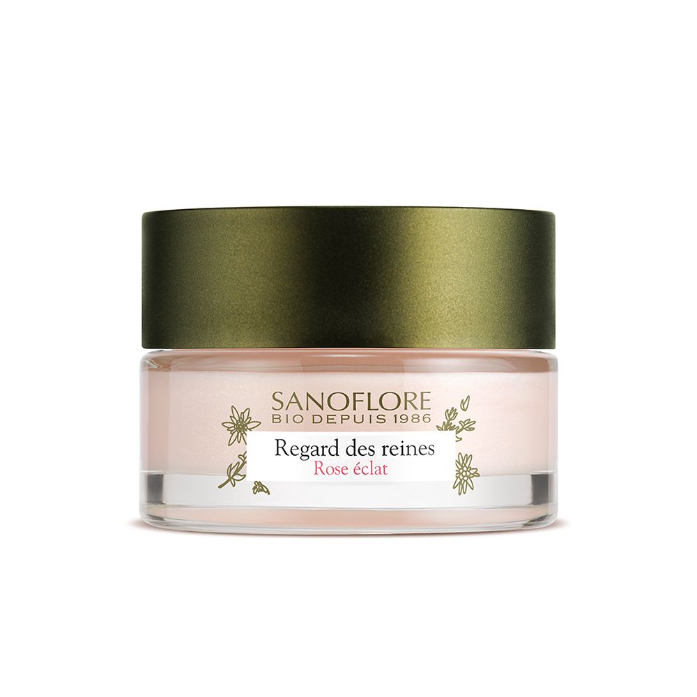 Pot de crème avec couvercle vert. Inscription: SANOFLORE, Regard des reines, Rose éclat.