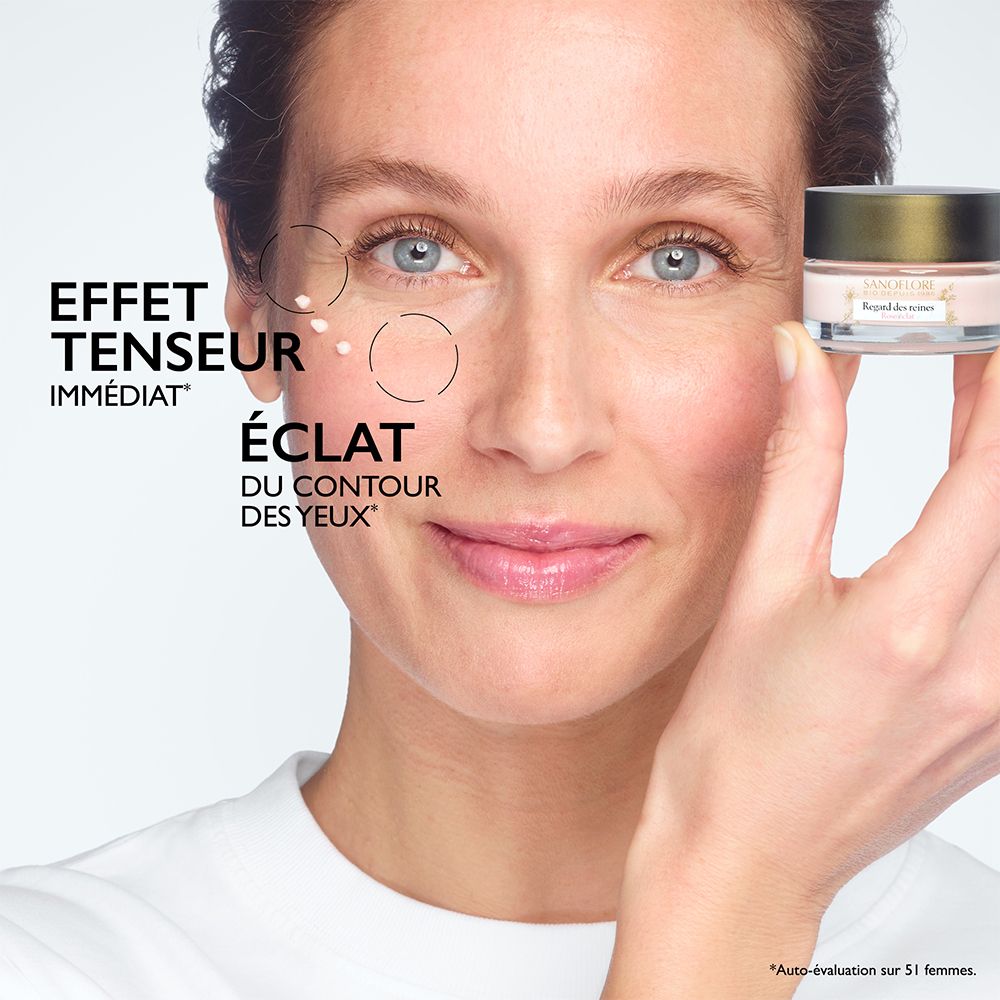 Femme tenant un pot de crème. Texte: Effet Tenseur Immédiat, Éclat du contour des yeux.