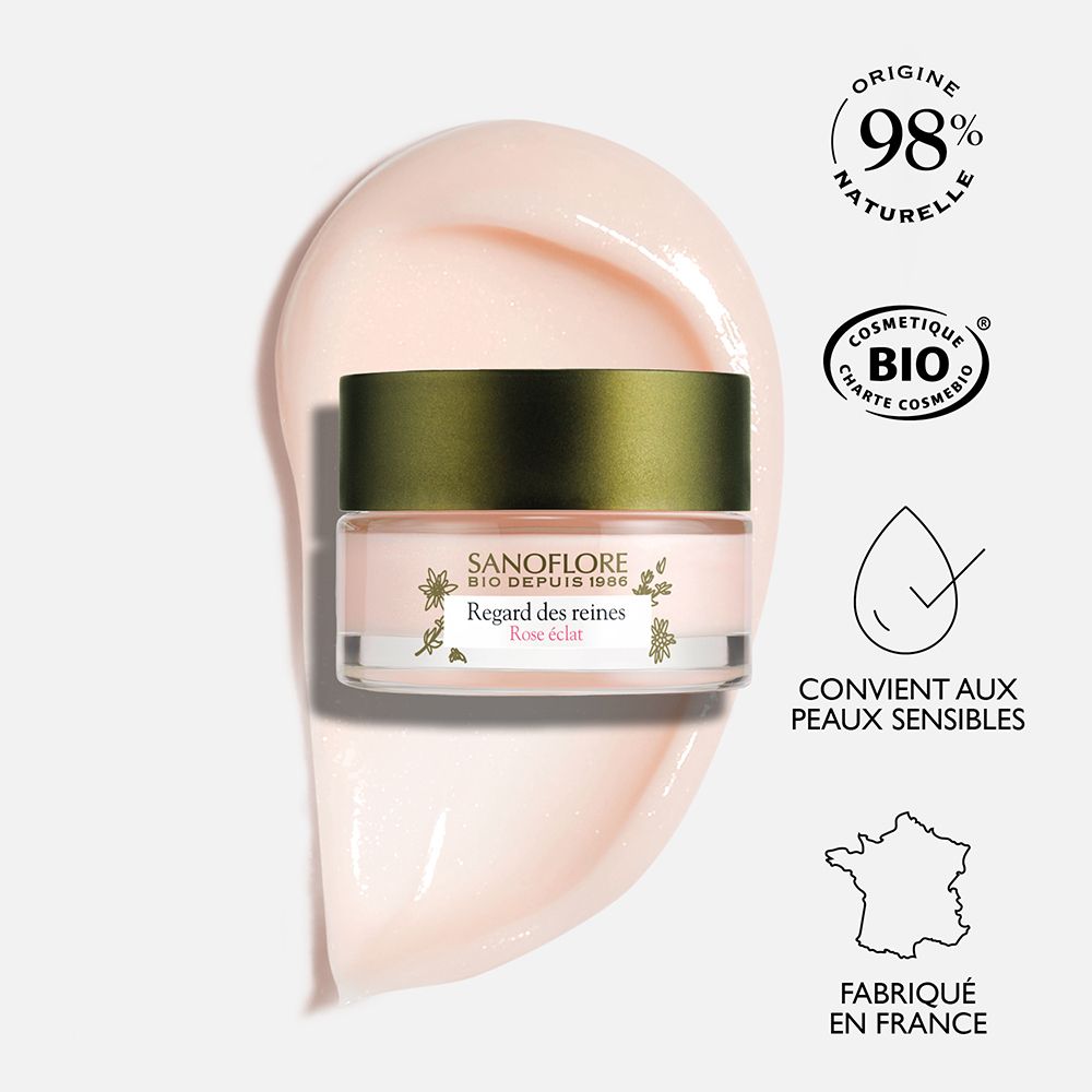 Pot de crème avec texte. Texte: 98% naturelle, Cosmetique Bio, Convient aux peaux sensibles.