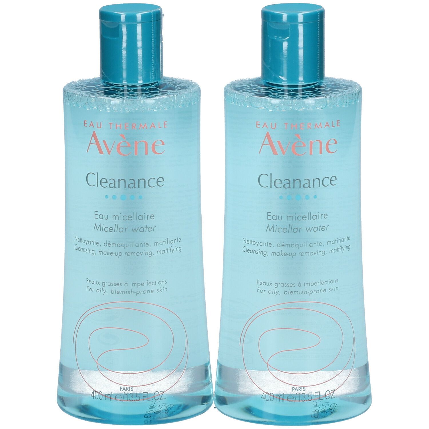 Deux flacons avec bouchons bleus. Inscription: Eau Thermale Avene Cleanance. Eau micellaire. Pour peaux grasses à imperfections.
