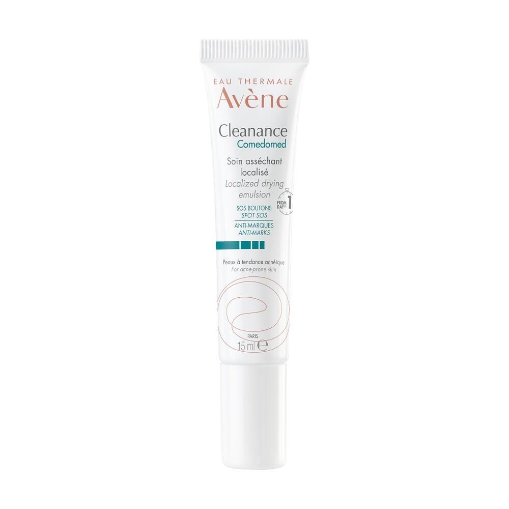 Tube blanc avec bouchon à vis. Inscriptions: Eau Thermale Avène, Cleanance Comedomed, Soin asséchant localisé.