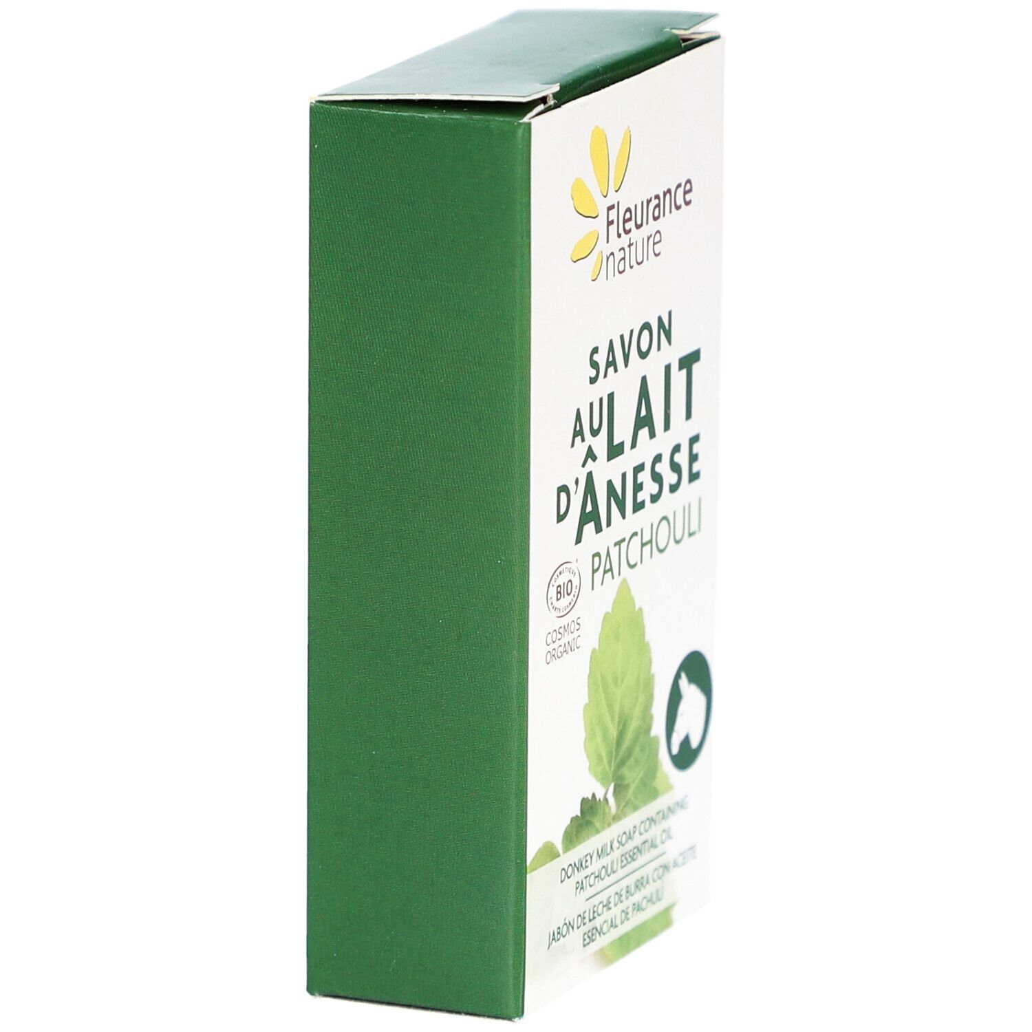 Boîte verte et blanche, vue latérale. Nom du produit et logo visibles. Certification bio.