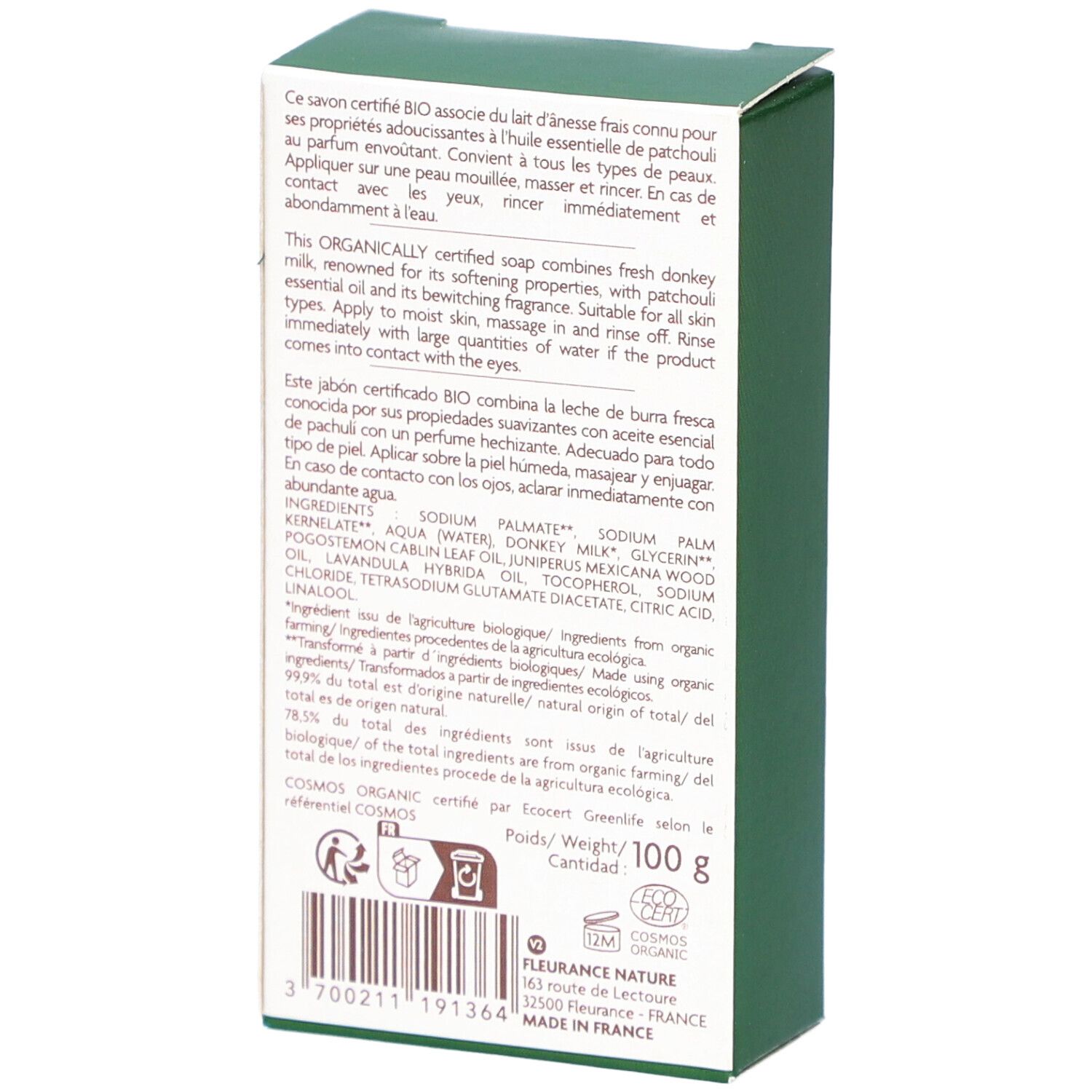 Dos de la boîte verte et blanche. Texte avec ingrédients et certifications. Poids : 100 g.