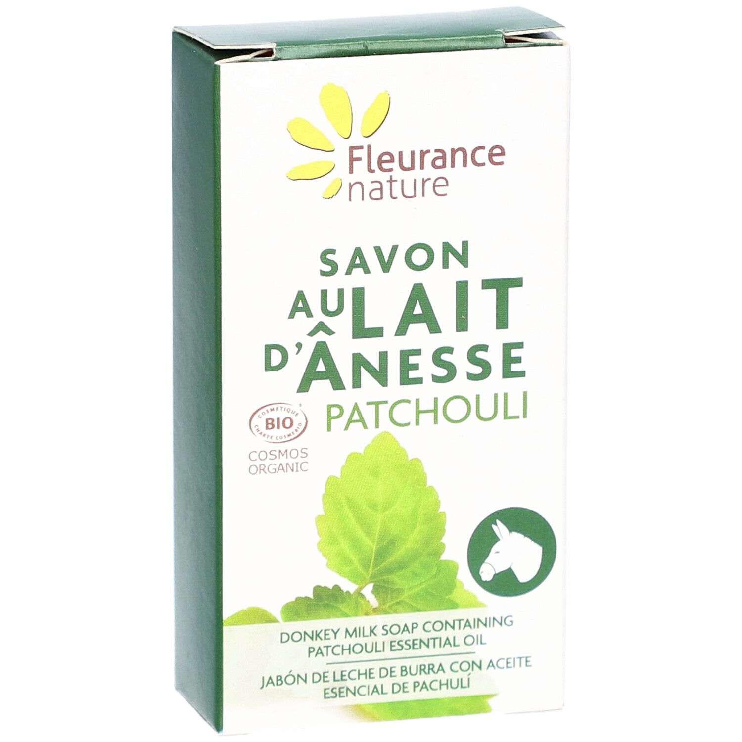 Boîte verte et blanche, légèrement en biais. Nom du produit et logo visibles. Certification bio.