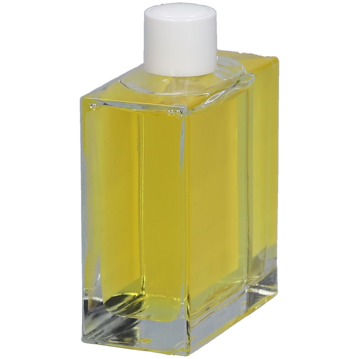 Flacon en verre avec huile jaune et bouchon blanc. Vue oblique. Étiquette avec nom du produit et informations.