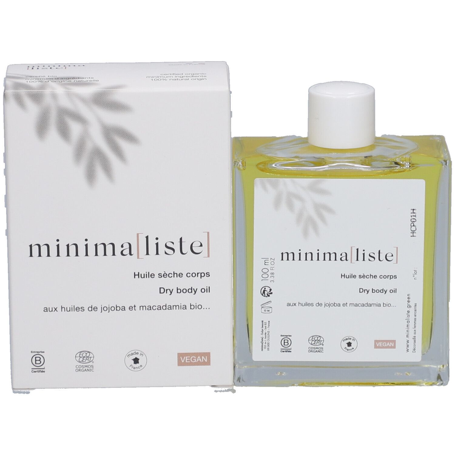 Flacon en verre avec huile jaune, bouchon blanc et emballage. Étiquette avec nom du produit et informations.