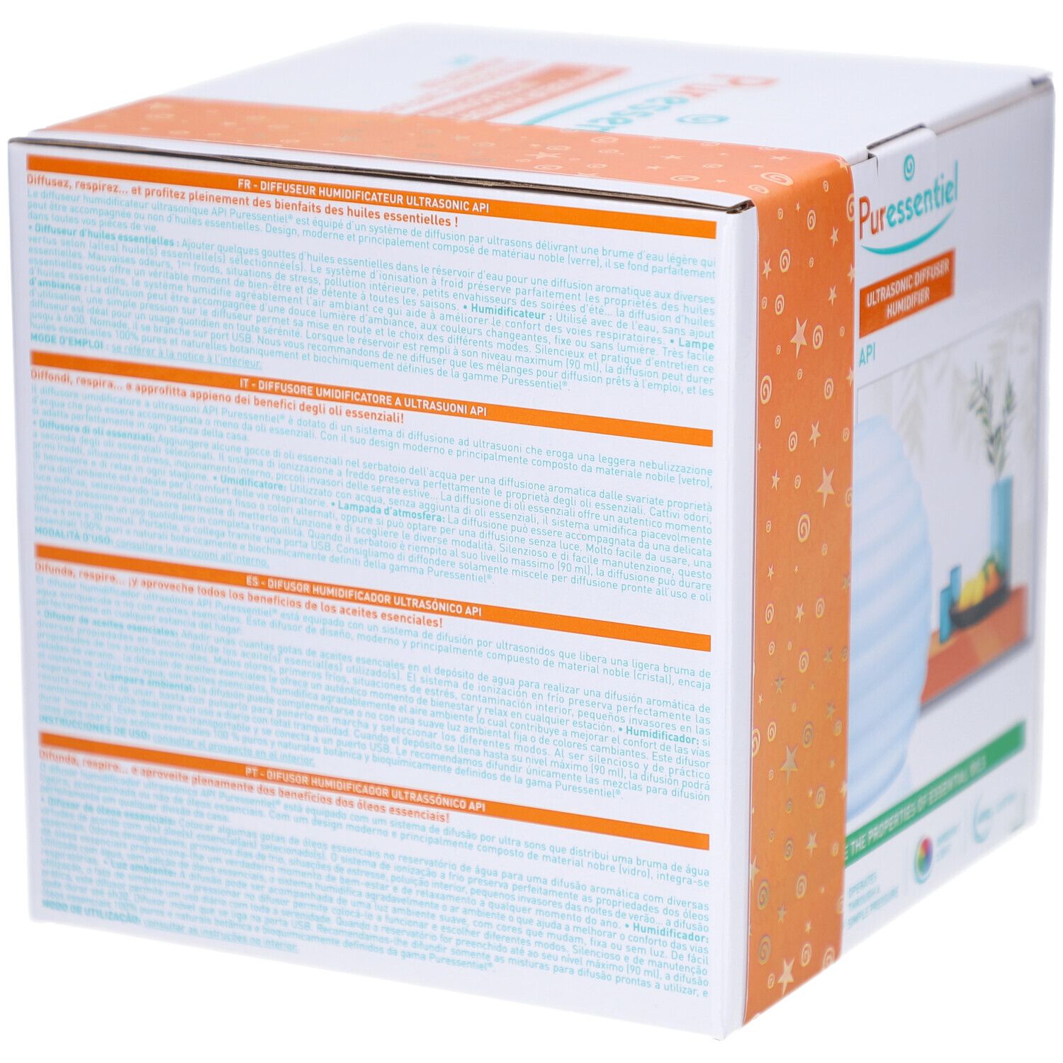 Boîte de produit avec texte multilingue. Bande orange autour. Marque "Pure essentiel" visible.