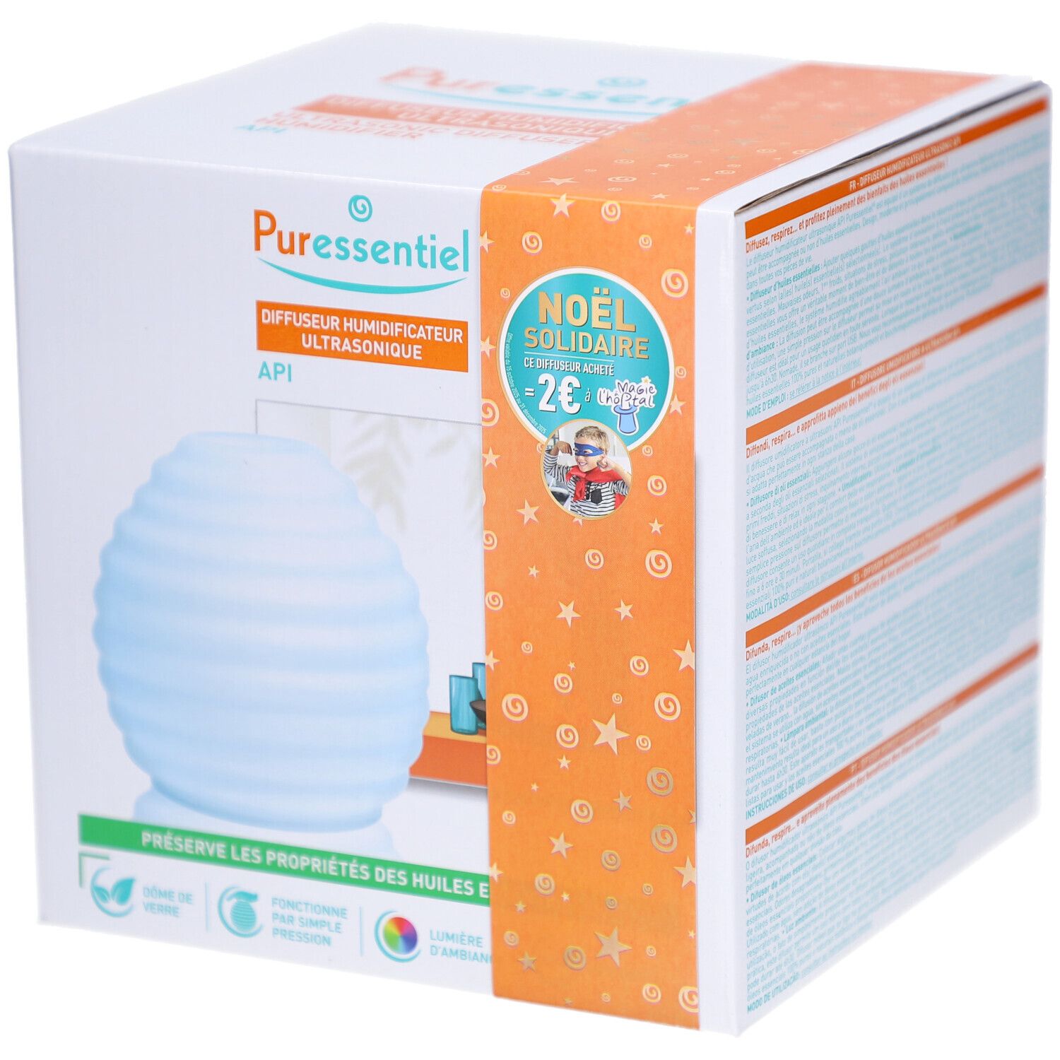 Emballage produit avec diffuseur bleu. Inscriptions "Pure essentiel" et "NOËL SOLIDAIRE".
