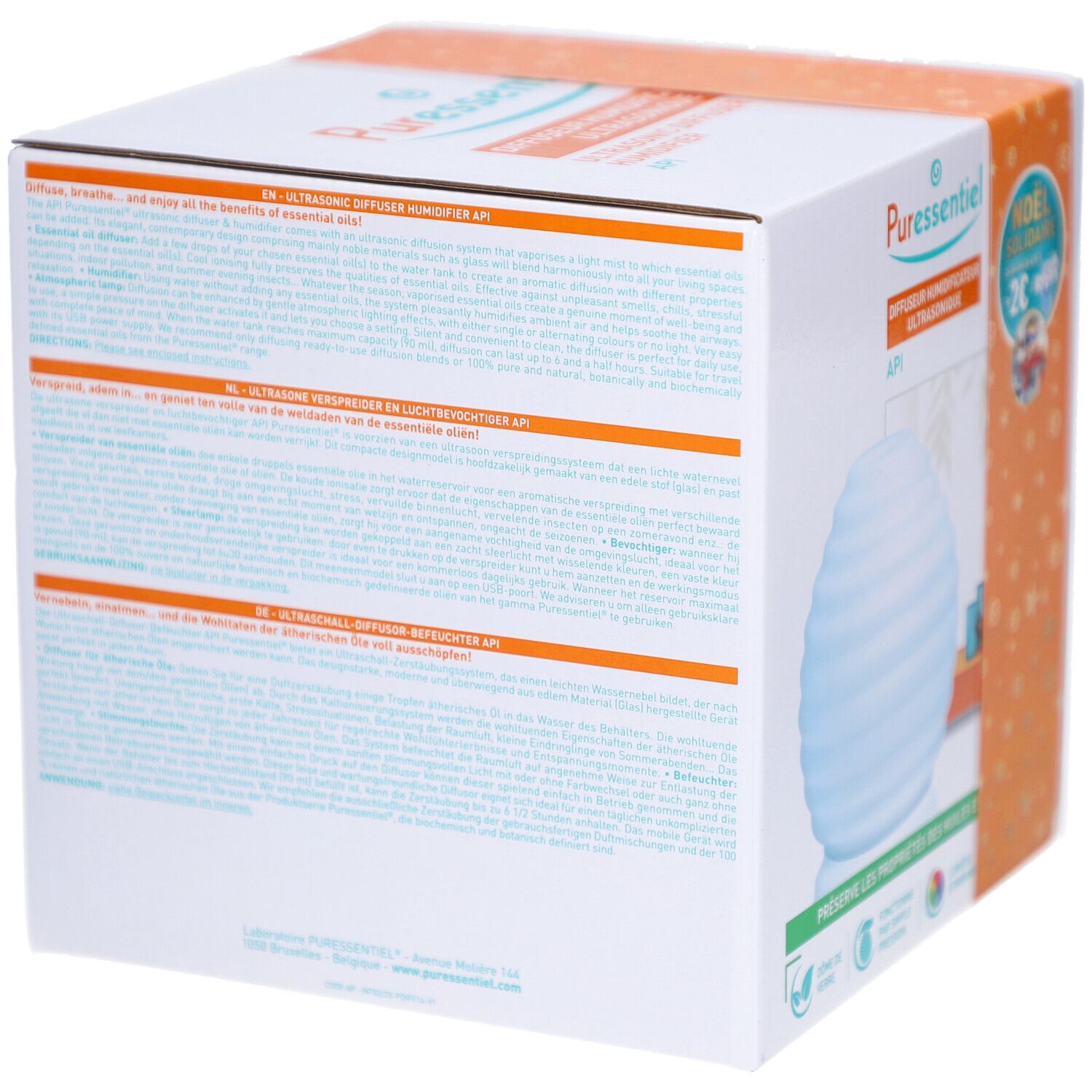 Boîte de produit avec texte multilingue. Bande orange autour. Marque "Pure essentiel" visible.