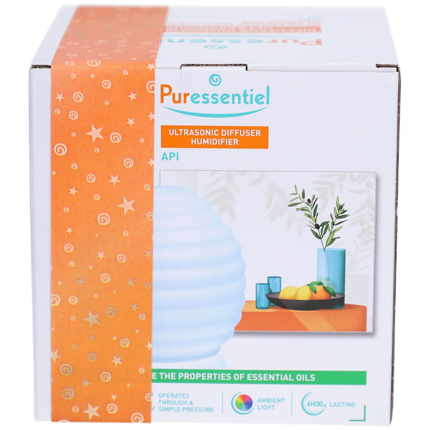 Emballage produit avec diffuseur bleu. Inscriptions "Pure essentiel" et "ULTRASONIC DIFFUSER HUMIDIFIER".