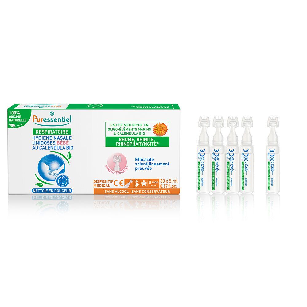 Boîte et unidoses. PURESSENTIEL RESPIRATOIRE Unidoses Bébé. 5 unidoses. Dispositif médical. Sans alcool, sans conservateur.