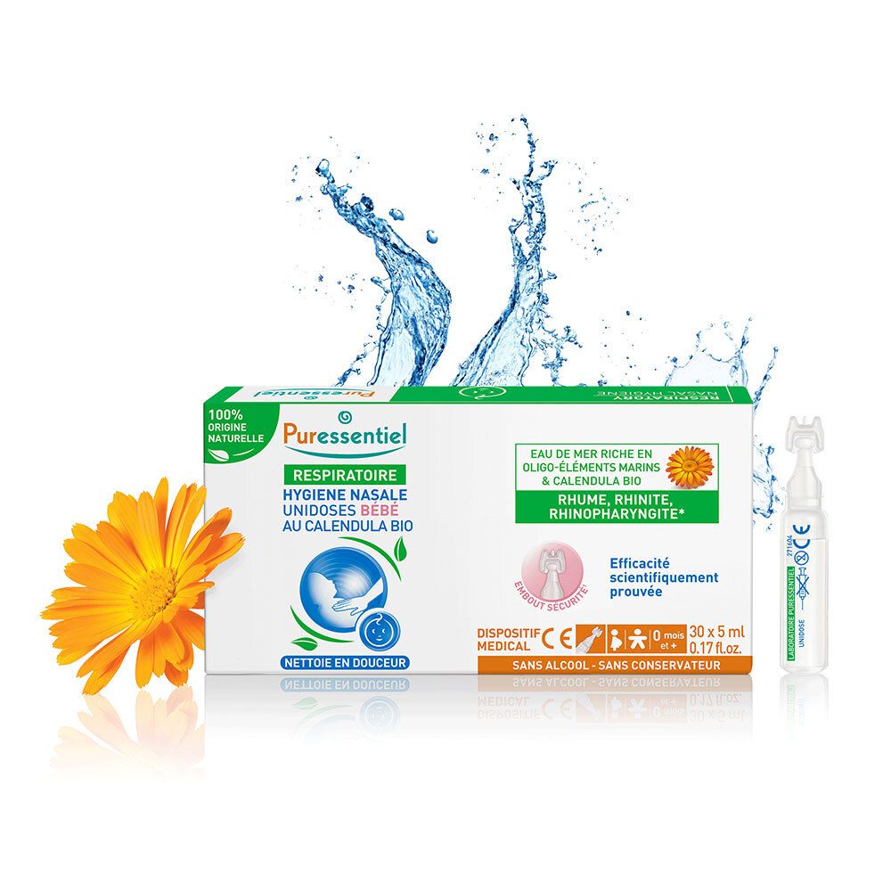 PURESSENTIEL RESPIRATOIRE Unidoses Bébé. Boîte et unidose. Effet eau. Calendula. Dispositif médical. Sans alcool, sans conservateur.